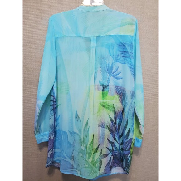 Soft Surroundings lone Semi-Sheer Chiffon Blue Printed Button-Up Tunic Size L - Picture 4 of 6